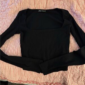 Zara Black Long Sleeve Square Neck Ribbed Crop Top